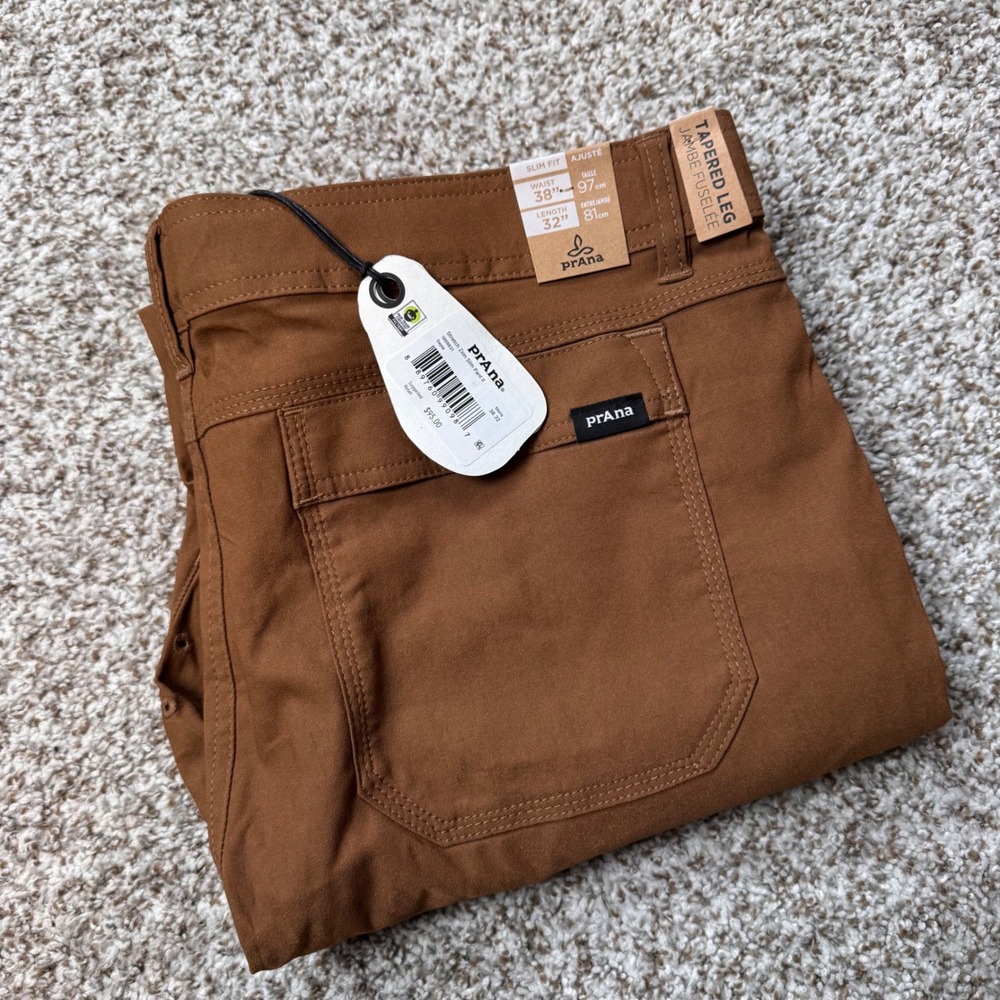 PrAna 38x32 Tapered Leg Stretch Zion Slim Fit Pants Brown Cargo Performance New